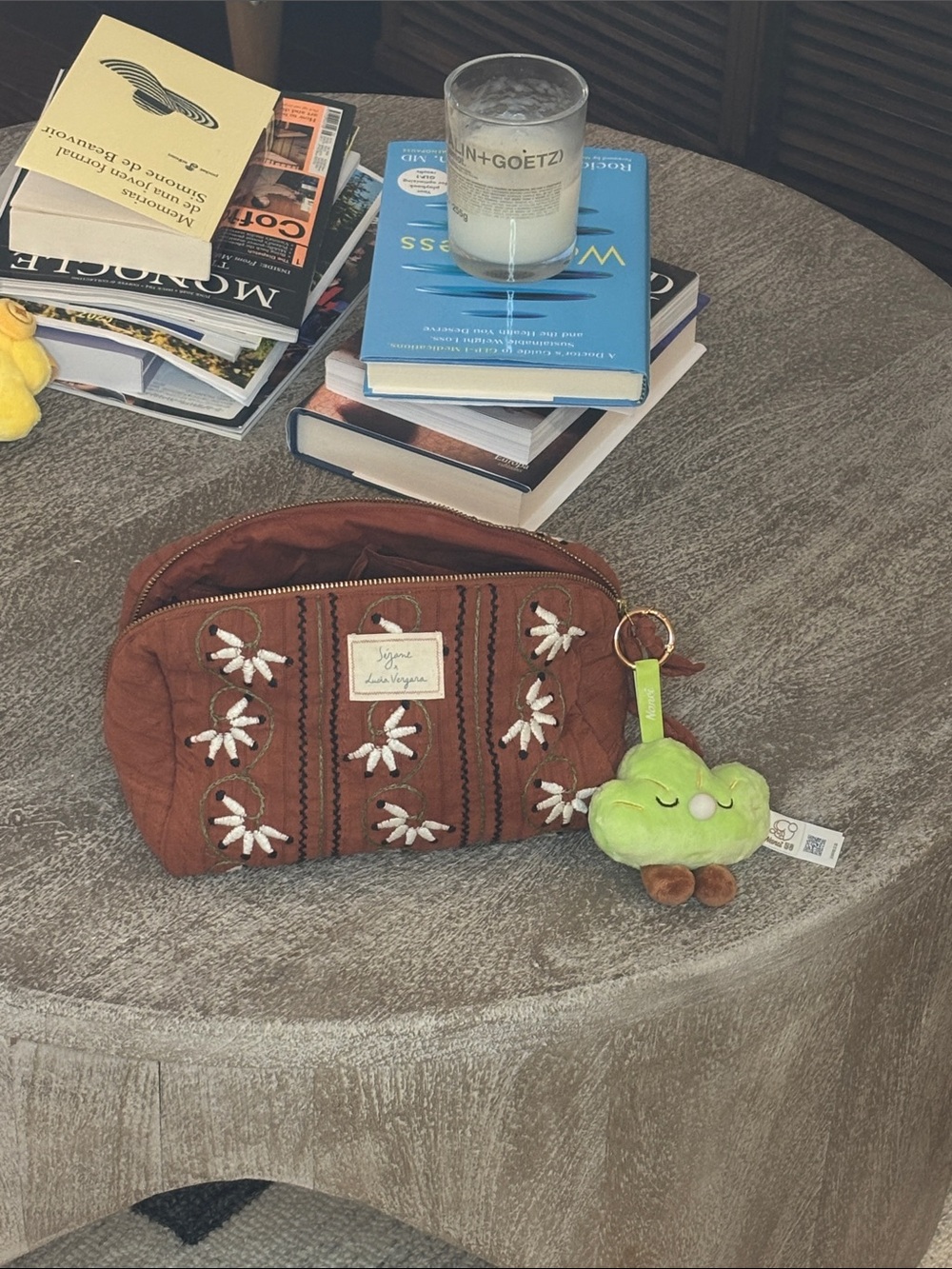 Sézane Brown Embroidered Pouch with Green Plush Charm